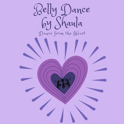 Belly Dance by Shaula logo - Purple background, purple heart, 3 Bellydancer silhouettes in center. 