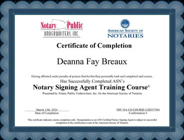 Signing Agent Training Course Certificate