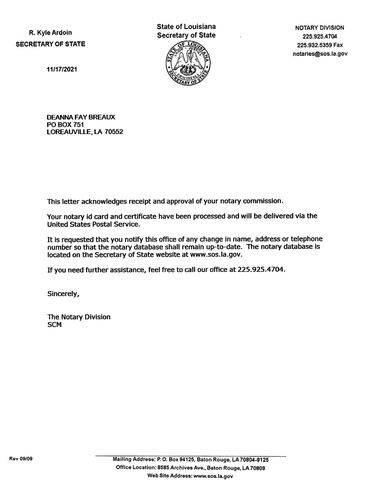 Notary Commission Letter