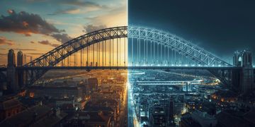 Arched bridge split between old and new cityscape. Symbolizes transformation and strategic progress