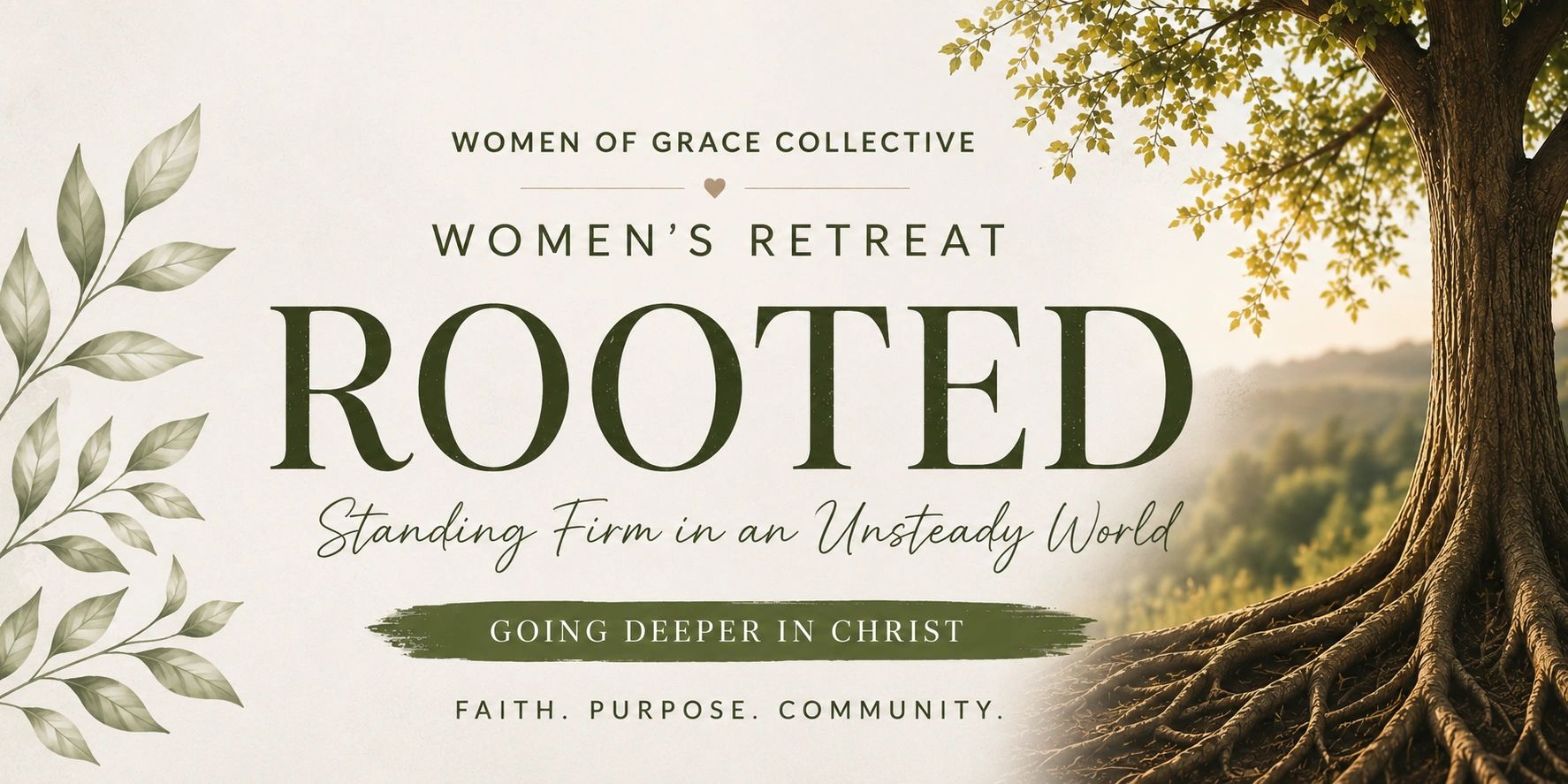 Women of Grace Collective hosts a women's retreat called Rooted, focusing on faith, purpose, and community.