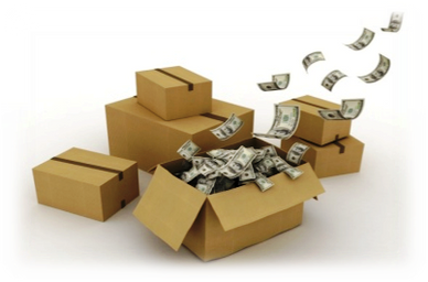 Image of boxes filled with cash. We buy new and used boxes in Toronto.