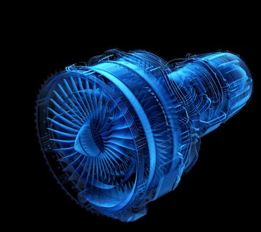 3D X-ray visualization of a jet engine showing detailed internal components.