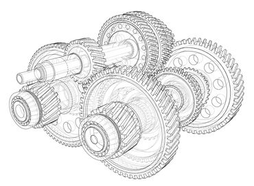 Detailed wireframe of interlocking gears and shafts in a mechanical assembly.