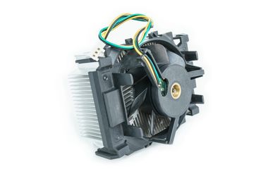A computer CPU cooling fan with attached heat sink and wires.