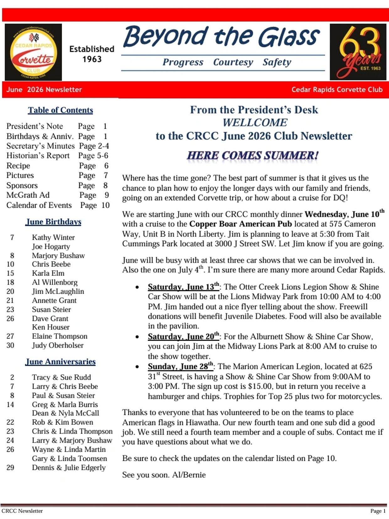 June 2026 Cedar Rapids Corvette Club newsletter with event updates, birthdays, and anniversaries.