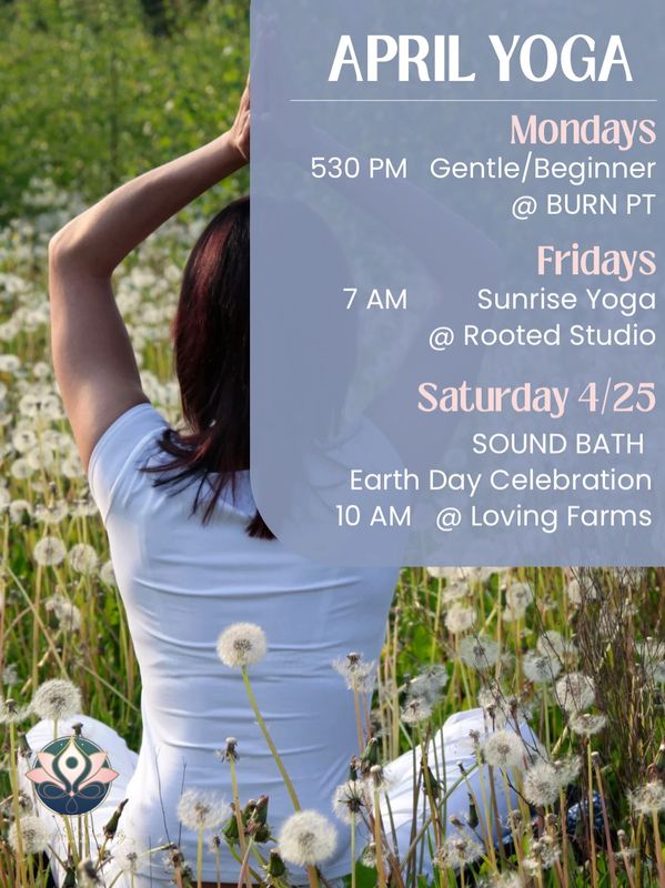 April Yoga classes and events schedule with nature background.