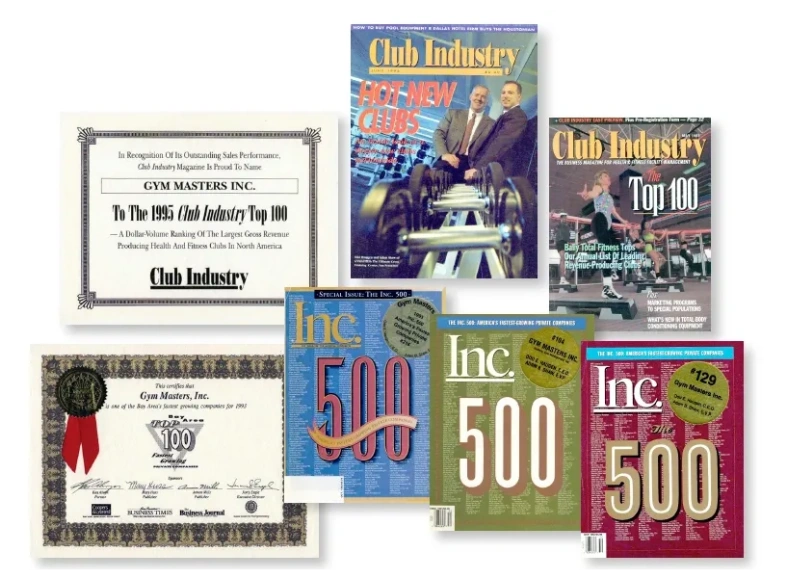 Collage of Gym Masters Inc awards and magazine covers from Club Industry and Inc. 500.
