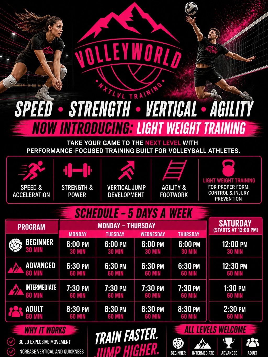 Volleyball training program focusing on speed, strength, vertical jump, agility, and lightweight training.