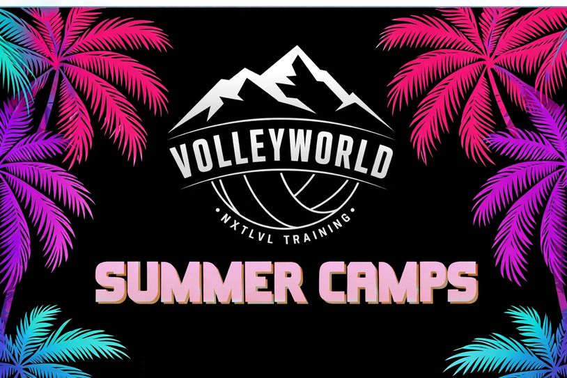 Volleyball summer camps by VolleyWorld with vibrant tropical design.