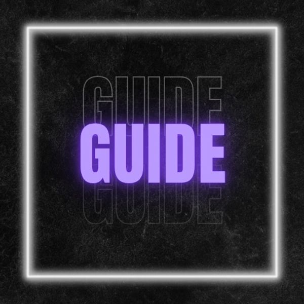 Glowing purple 'GUIDE' text inside a neon square on a dark background.
