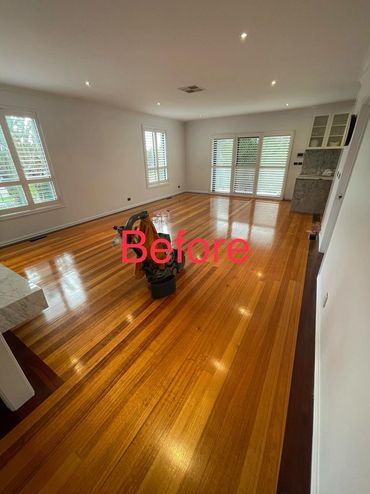 Empty room with polished wooden floor and cleaning equipment labeled 'Before'.