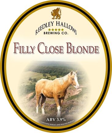 Beer label with a horse image for Filly Close Blonde by Reedley Hallows Brewing Co.