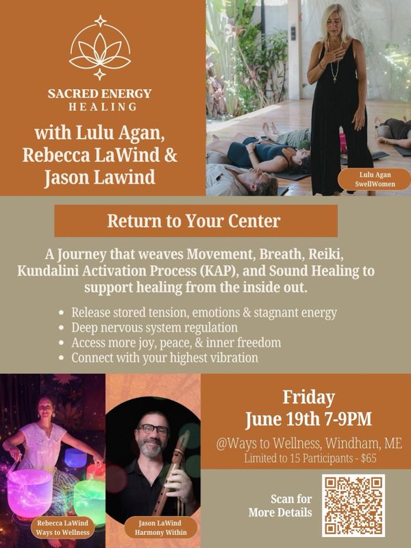 Promotional flyer for Sacred Energy Healing event with Lulu Agan, Rebecca LaWind, and Jason Lawind.