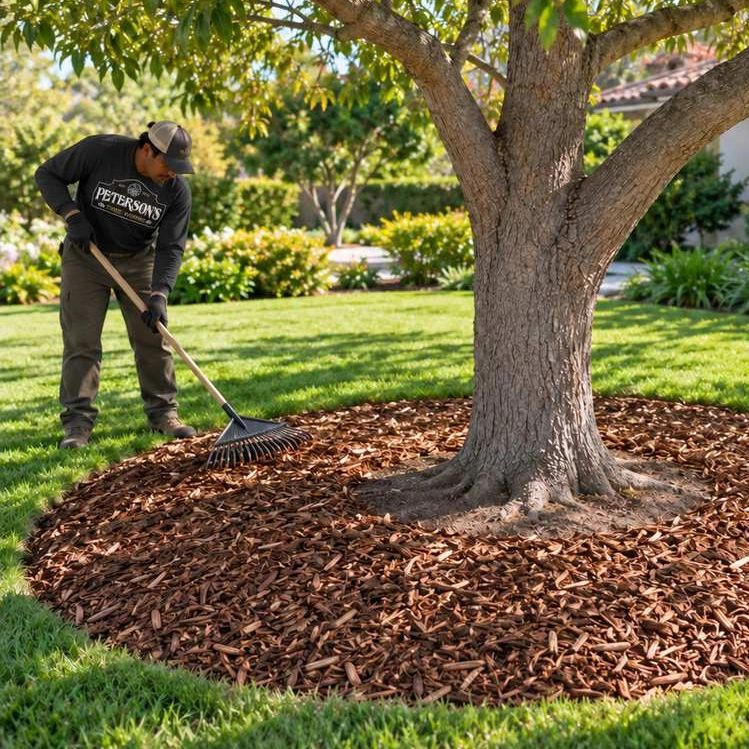 Fresh mulch ring spread around a shade tree in a green Orange County lawn