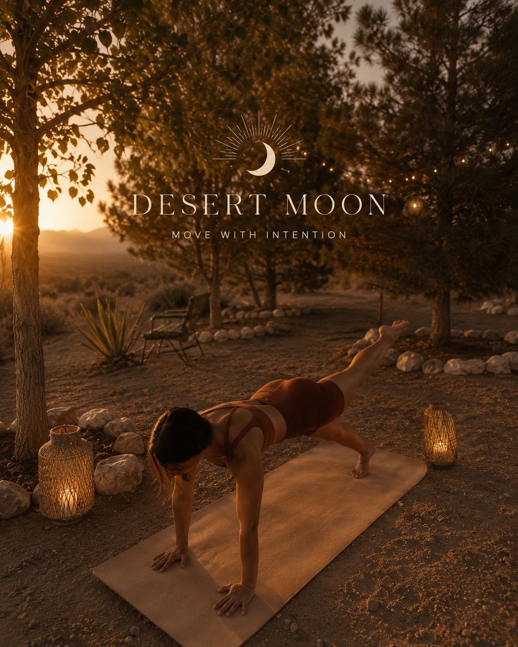 Woman practicing yoga outdoors at sunset with warm lantern lights.