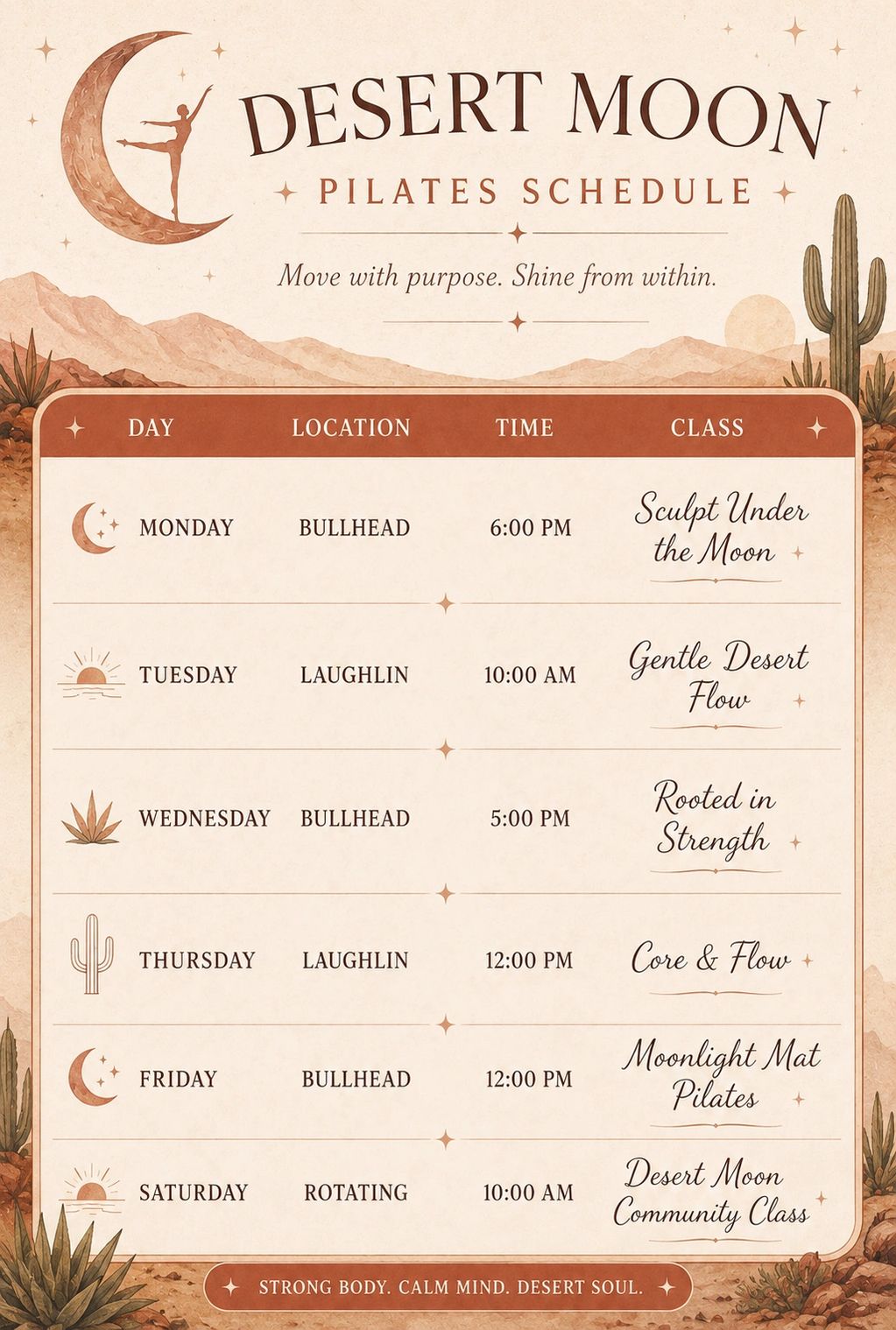 Desert Moon Pilates schedule with classes in Bullhead and Laughlin.