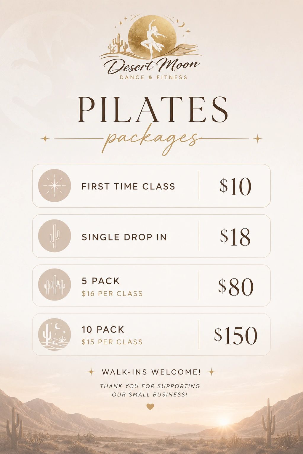 Pilates packages from Desert Moon Dance & Fitness with prices for various class options.