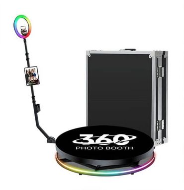 360-degree photo booth with ring light and carrying case.