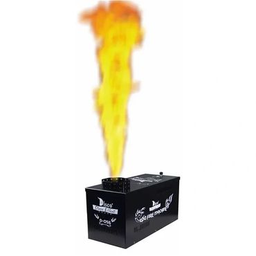 Black disco flame machine emitting a tall, bright orange flame.