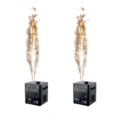 Two black machines emitting golden spark fountains upwards.