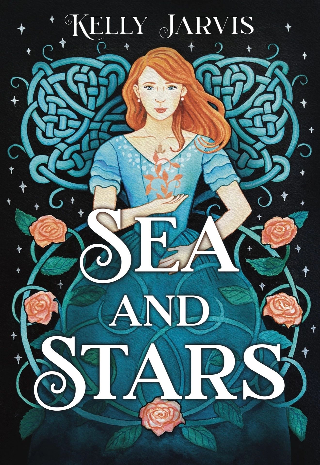 Book cover of "Sea and Stars" by Kelly Jarvis featuring a red-haired woman with floral and Celtic designs.
