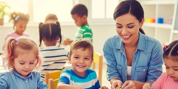 Children and a teacher happily painting colorful pictures in a bright classroom.