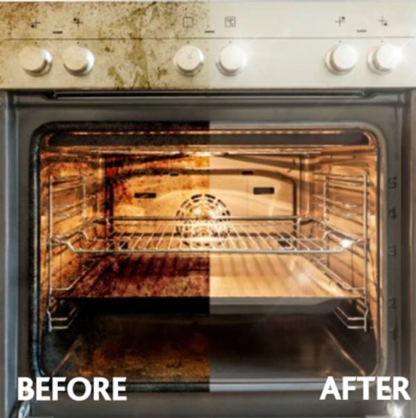 Oven interior showing a stark contrast between dirty and clean sides.