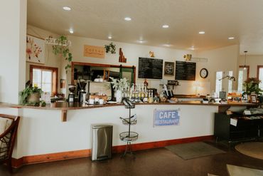 Cozy coffee shop counter with plants and menu boards.