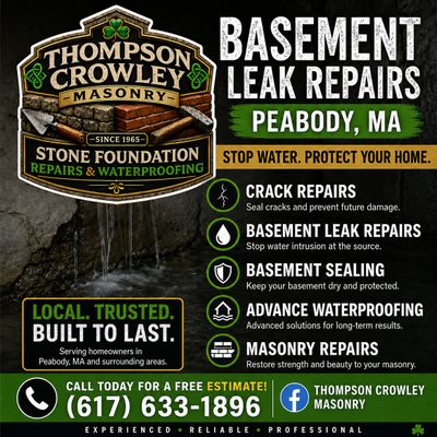 Basement leak repair and waterproofing services by Thompson Crowley Masonry in Peabody, MA.