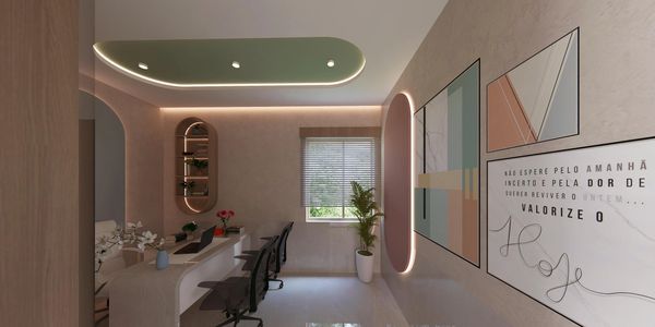 Modern office space with stylish lighting and decorative wall art.