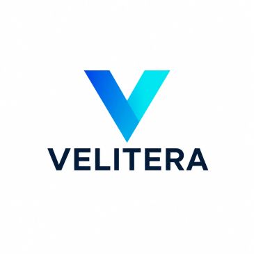 Blue gradient 'V' logo with text Velitera.