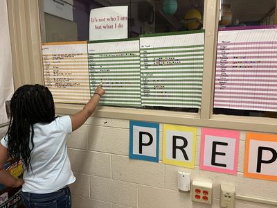 student adding a sticker to reading progress chart
