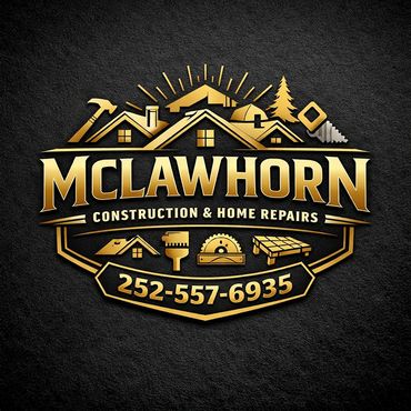 Golden logo for McLawhorn Construction & Home Repairs with tools and contact number.