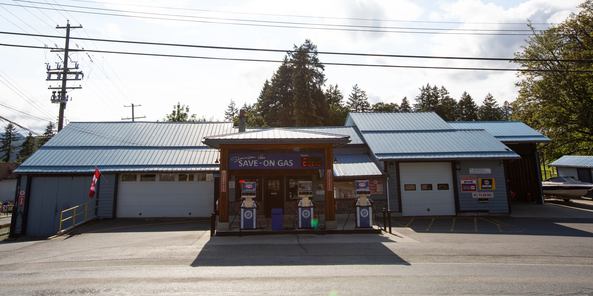 exterior location of small Shawnigan Garage gas station in Shawnigan Lake on a bright sunny day 