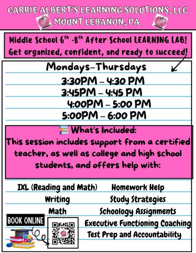 Flyer for Carrie Albert's after-school learning lab for middle school students.