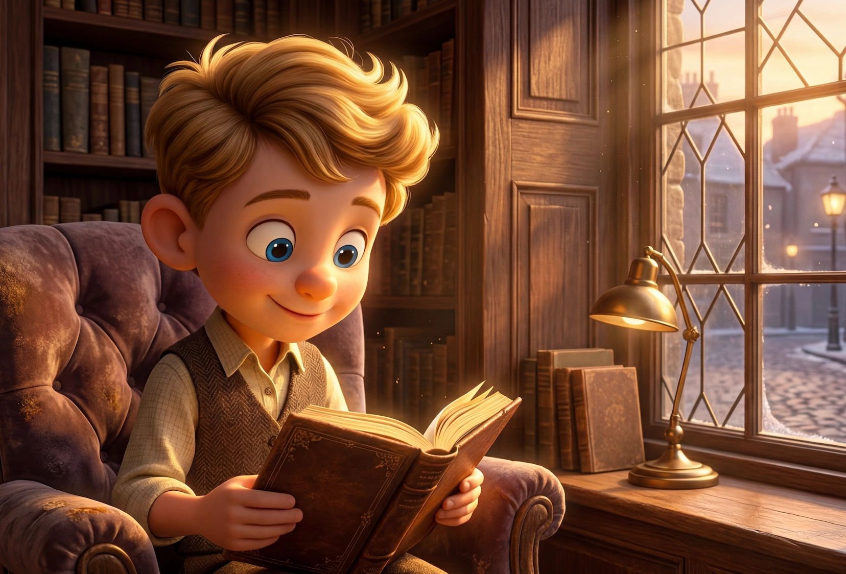 Young Chris Kringle joyfully reading a book in a cozy library by the window.