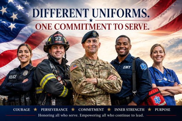 Military, police, fire, EMS and healthcare heroes united by courage, commitment, service and leaders