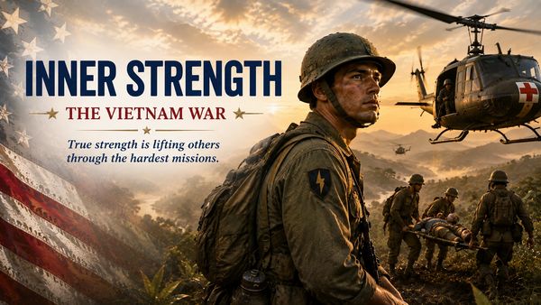 Vietnam War soldiers and medevac helicopter representing inner strength, courage and service to othe