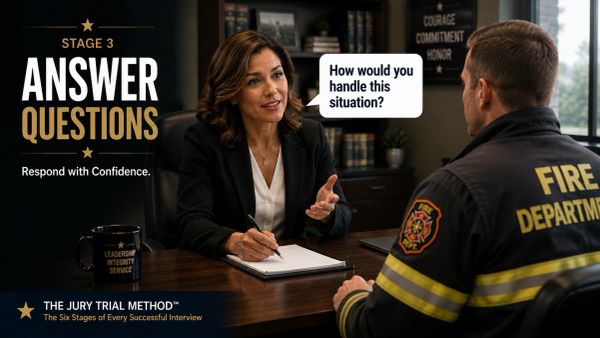 Firefighter practicing how to answer difficult job interview questions with confidence and leadershi