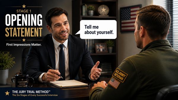 Veteran practicing a strong opening statement for a job interview using the Jury Trial Method.