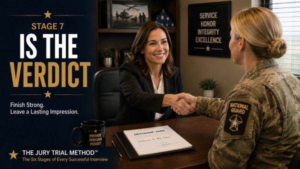 National Guard member completing a successful job interview and demonstrating confidence, leadership