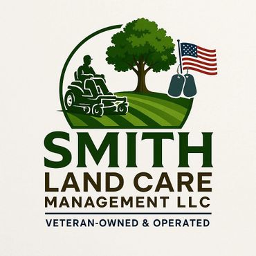 Logo of Smith Land Care Management LLC, veteran-owned with lawn mowing and American flag elements.