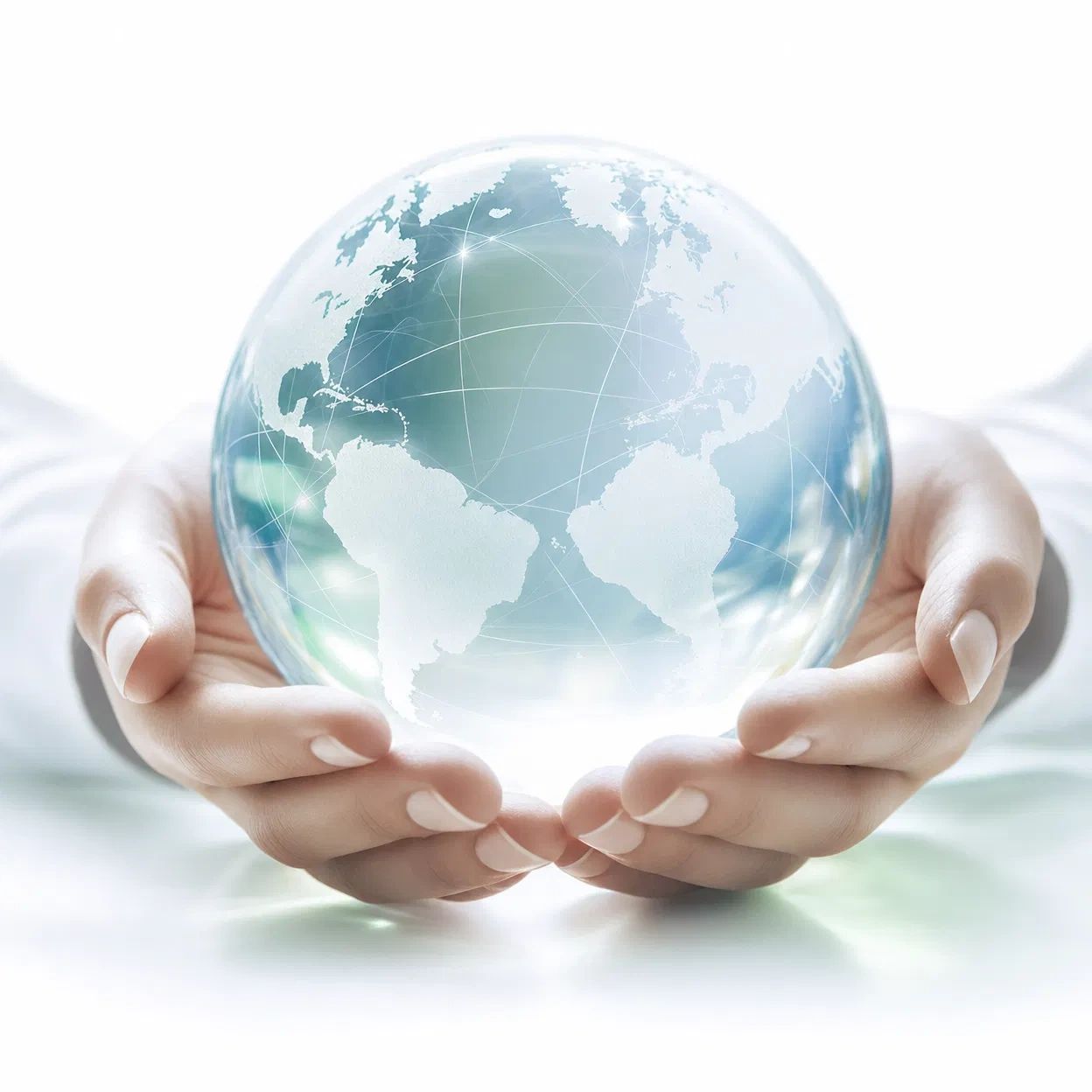 Hands gently holding a transparent globe with world map and network lines.