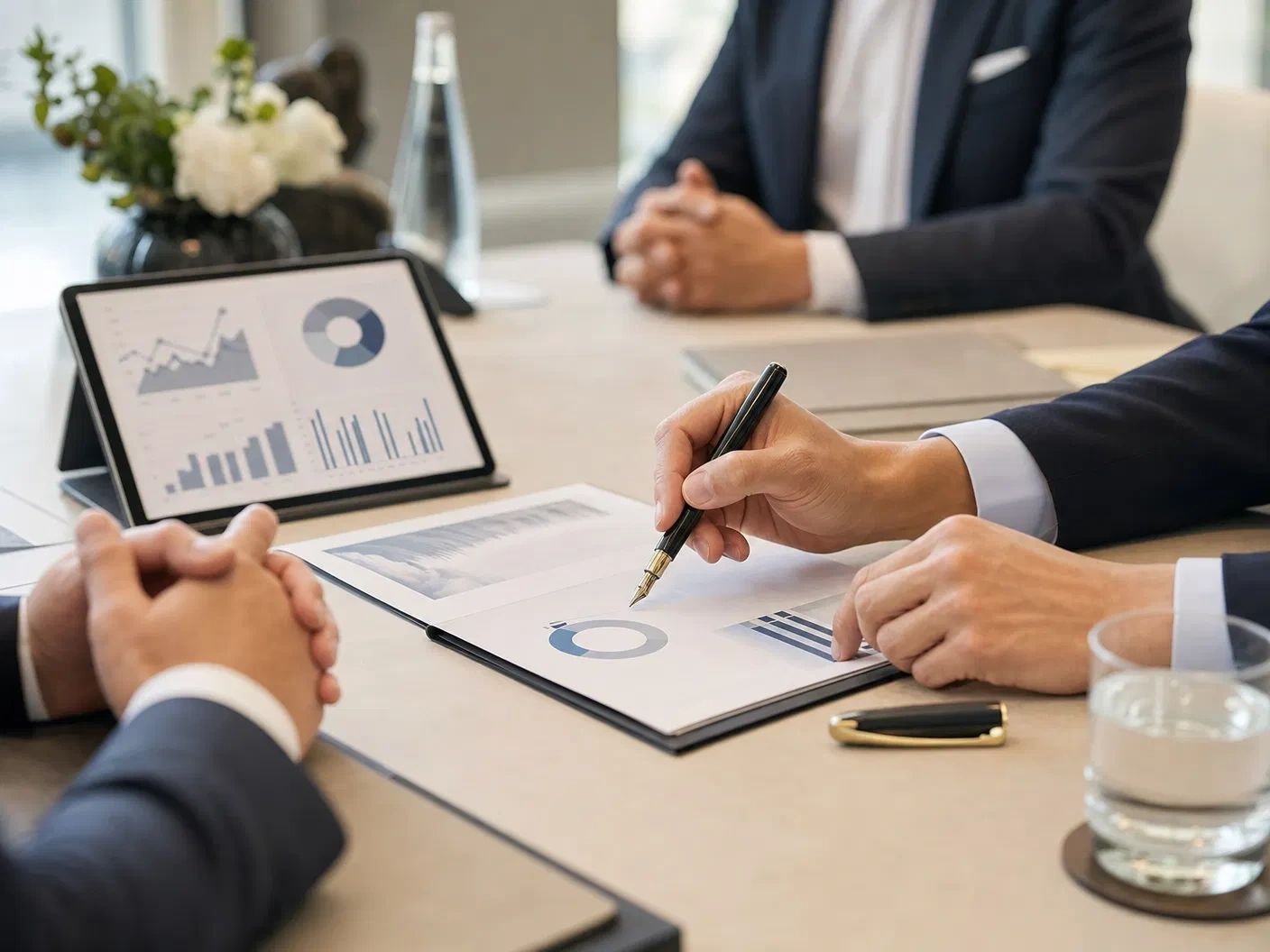 Business professionals discussing charts and graphs in a meeting.