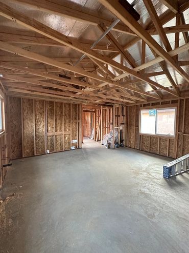 Interior framing view to rear of accessory dwelling unit in Chula Vista, CA