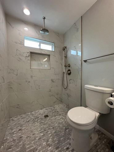 Custom bathroom shower with no curb threshold in Chula Vista ADU accessory dwelling Unit