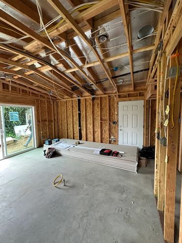 Interior framing of kitchen living area of attached accessory dwelling unit in Clairemont, San Diego