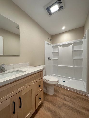 Finished bathroom area of attached accessory dwelling unit in Clairemont LZ Construction