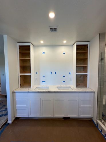 New custom vanity installed with countertop storage options in Allied Gardens Bathroom Remodel